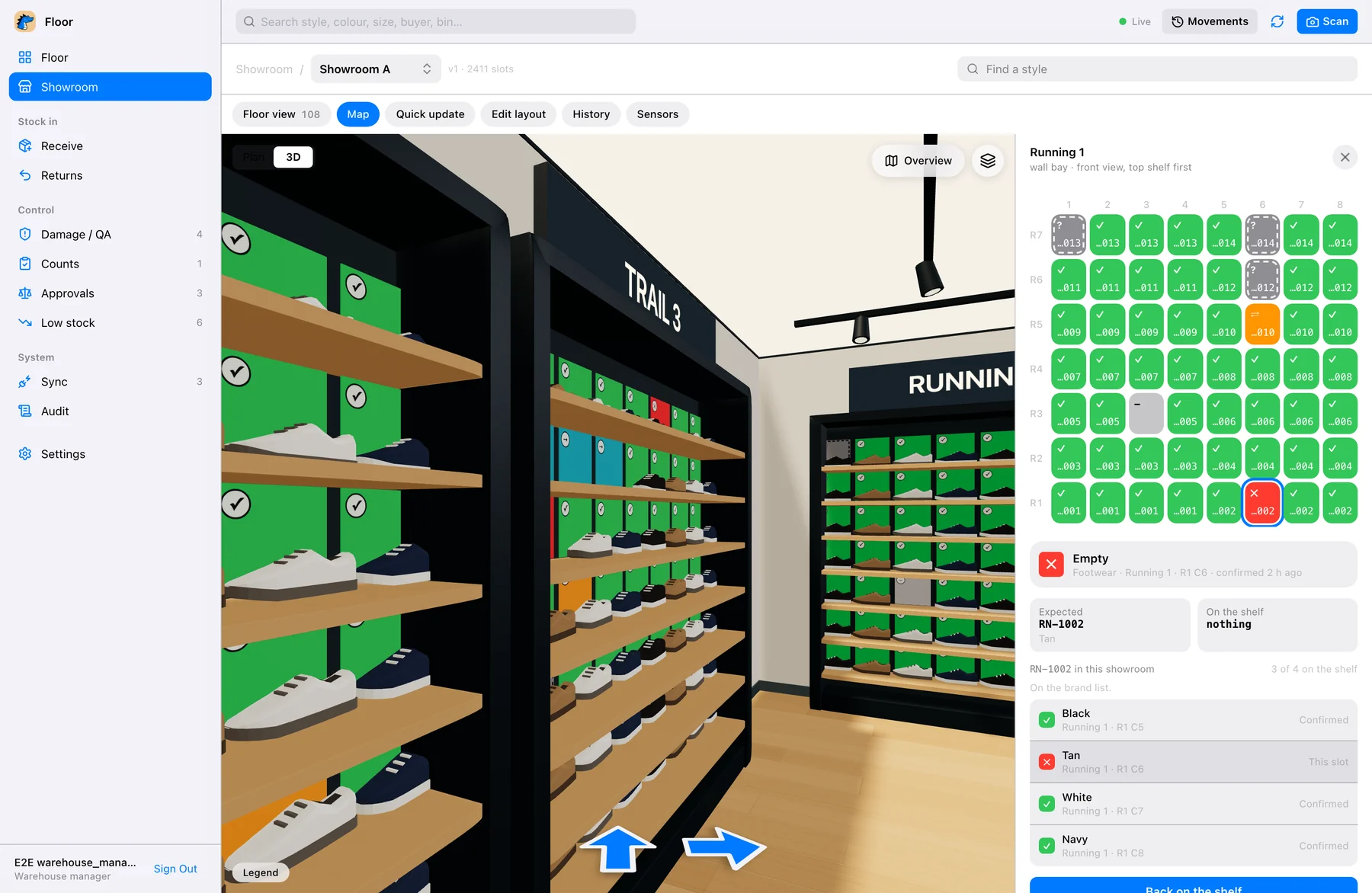 Click a shelf. See what should be on it, what is, and where the other colours are.