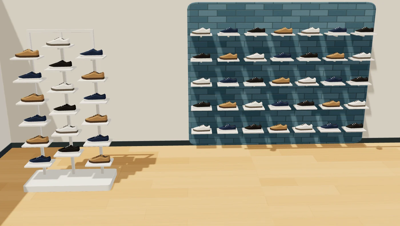 Présentoirs et murs à chaussures, avec ce qu’ils portent.