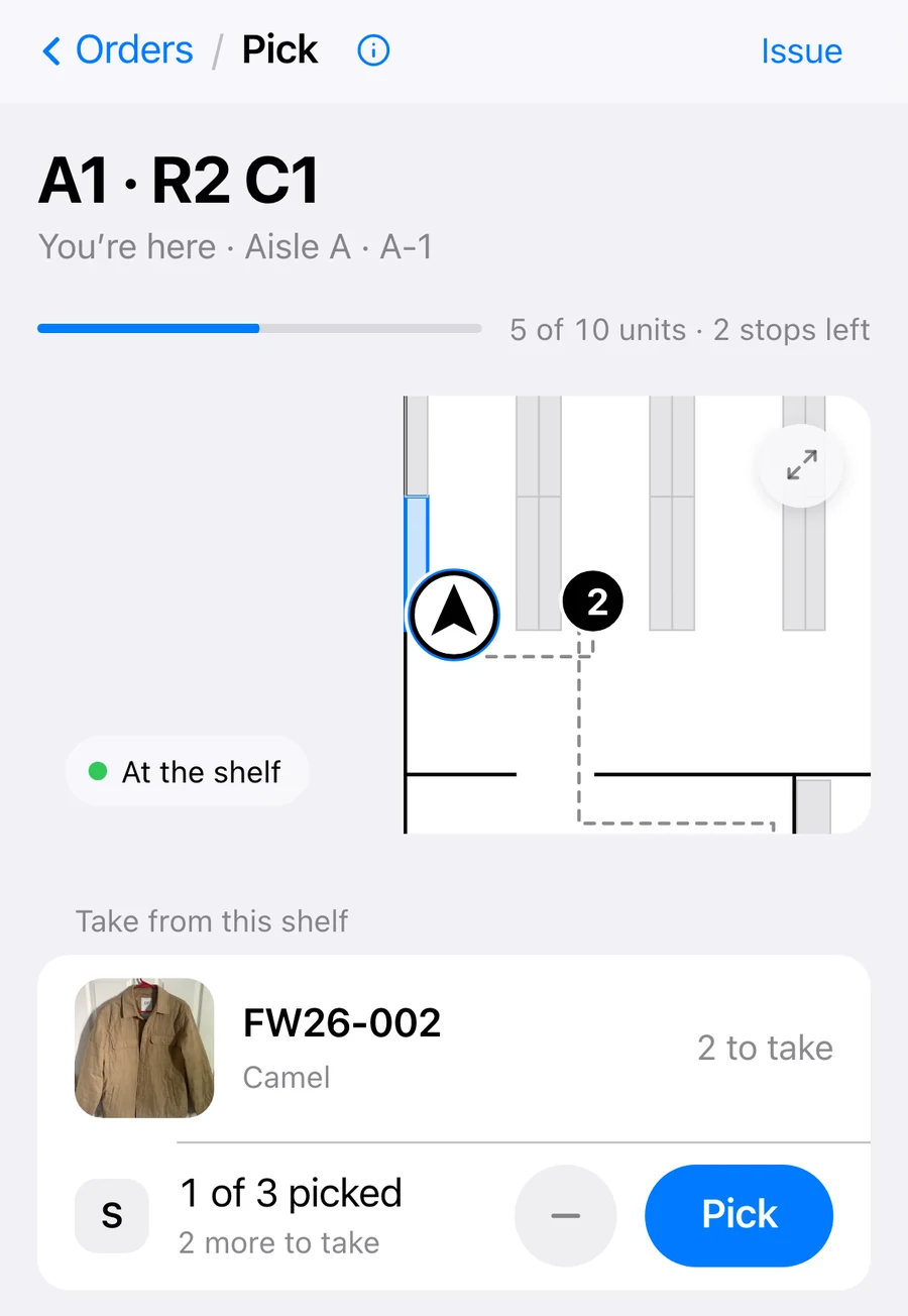 Pick shows the shelf to walk to, the way there, and what to take.
